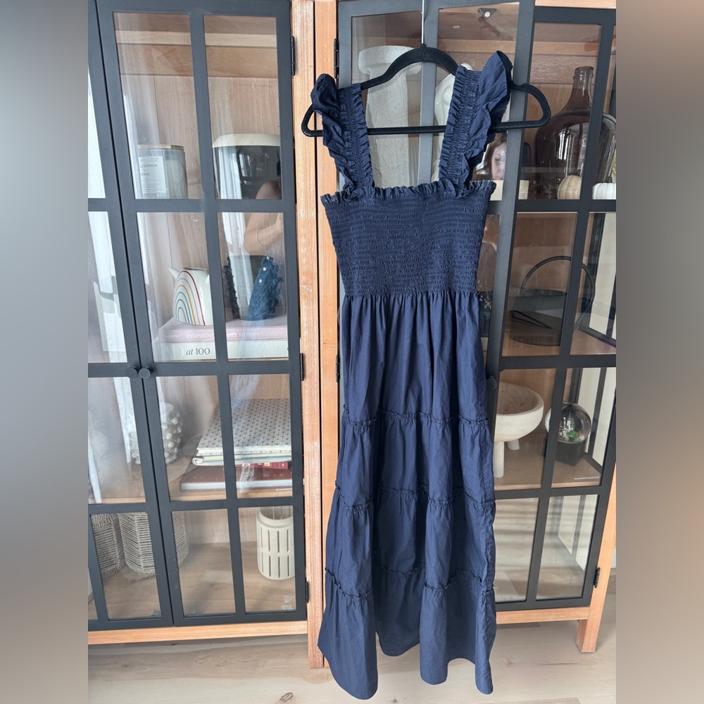 Quince nap dress Poplin Smocked Midi ruffles square neck tiered hill house navy - Picture 4 of 7